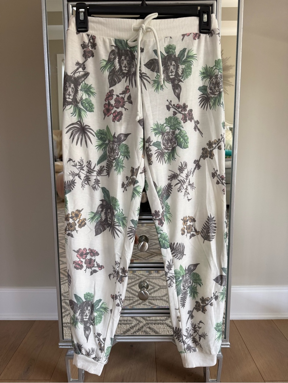 Chaser White Floral-Print Joggers with Green & Brown Accents